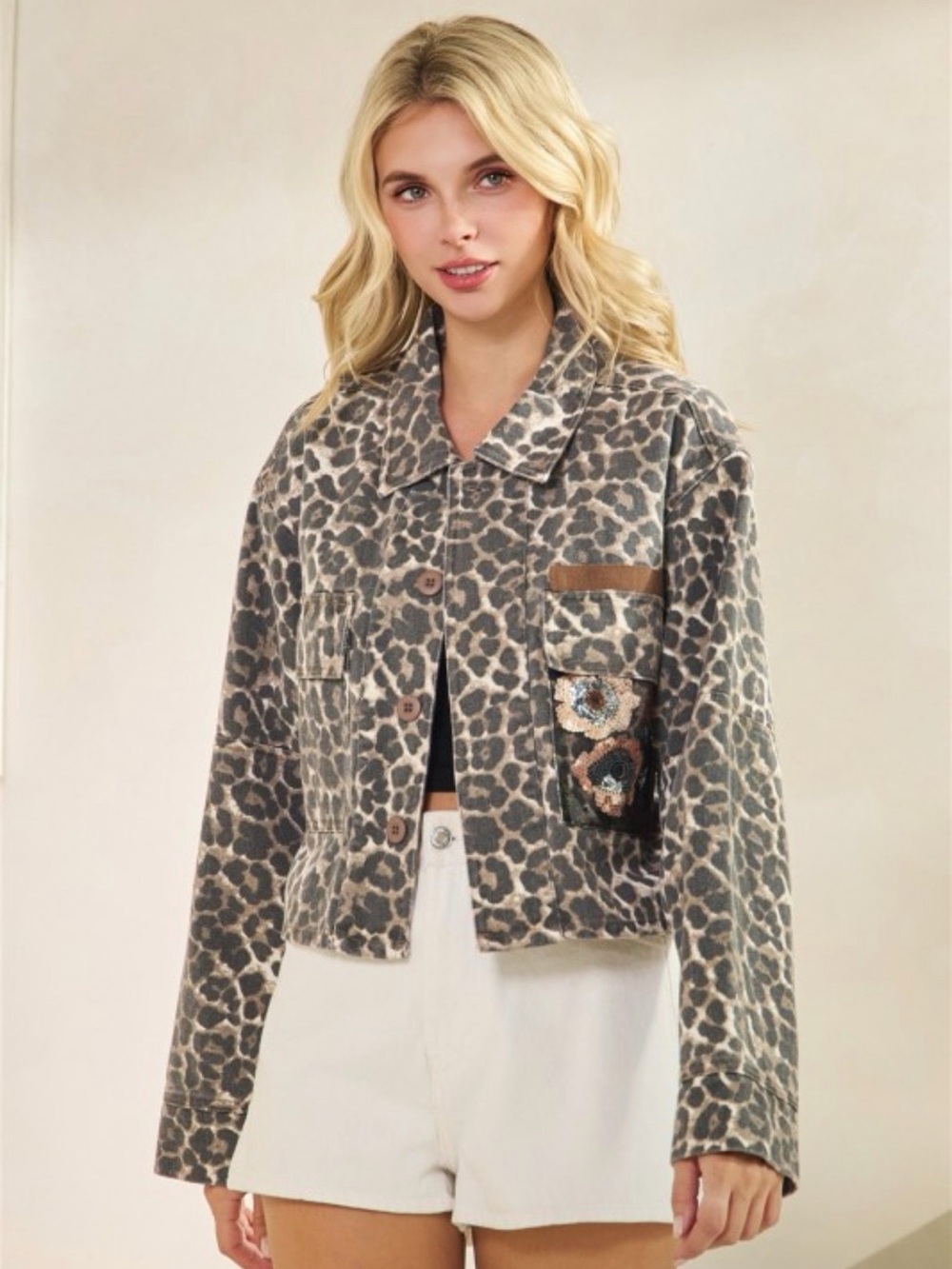 Leopard Print Cropped Denim Jacket - Gray/Brown